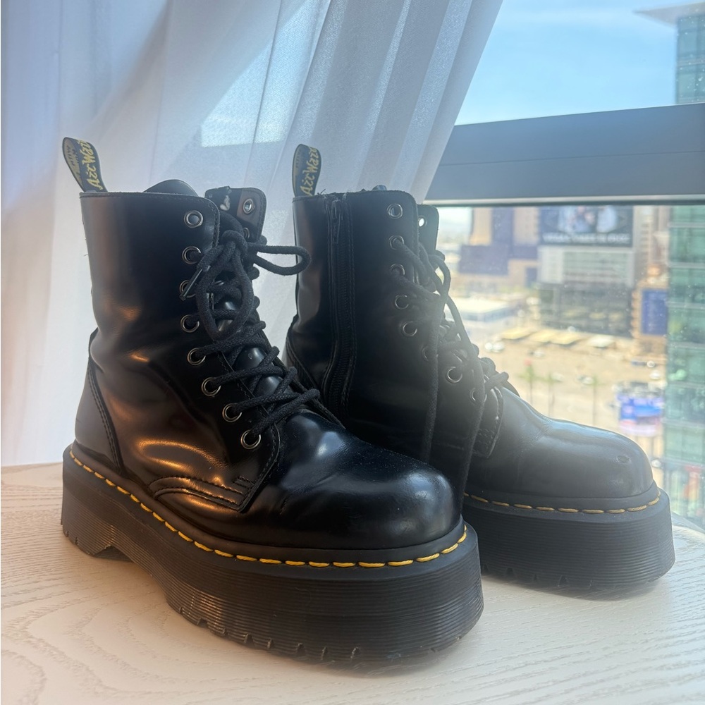 Dr. Martens Black Platform Lace-Up Combat Boots with Yellow Stitching